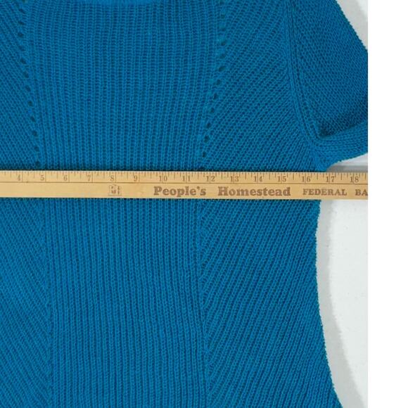 Eileen Fisher Sweater Petite Small 100% Linen Open Knit Teal Blue Asymmetrical - Picture 7 of 9